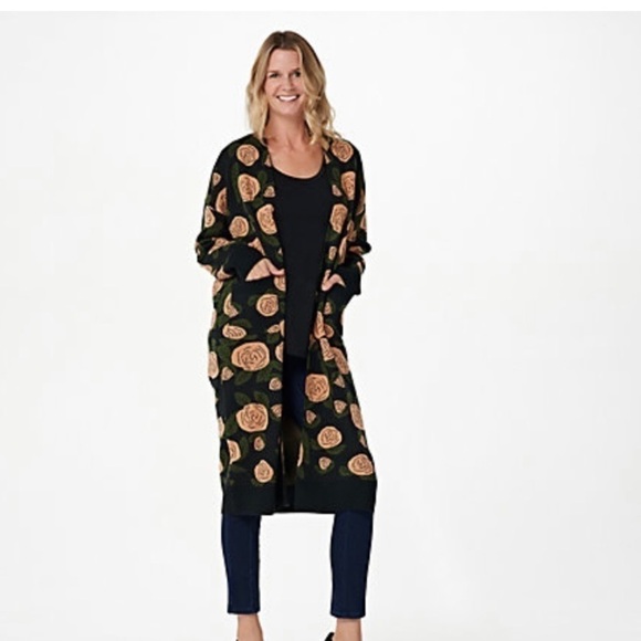 Attitudes by Renee Jacquard Sweater Long Cardigan Large Petite - Picture 2 of 10